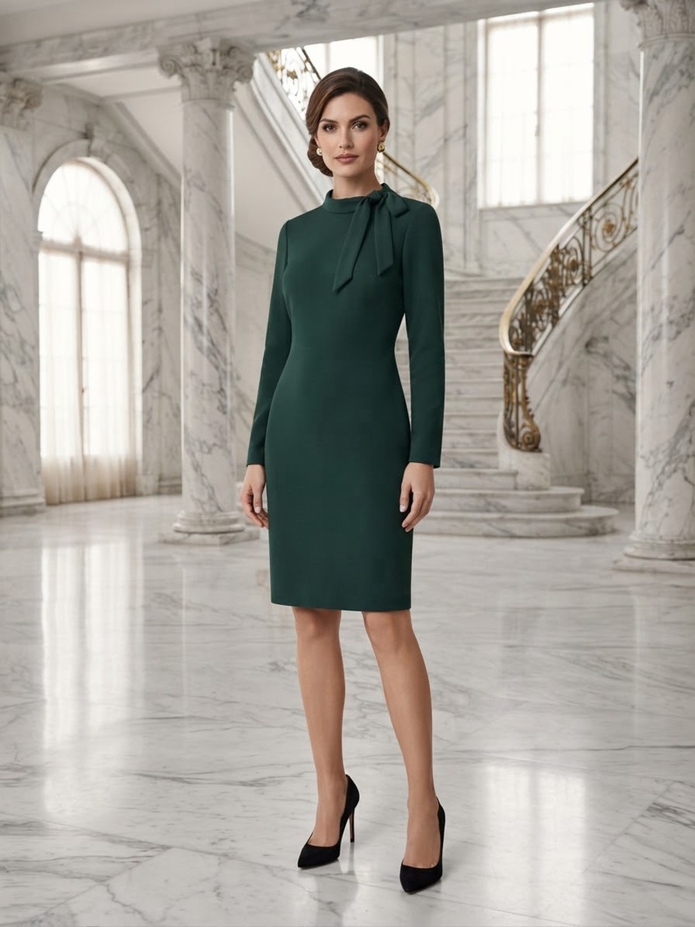 Calvin Klein Deep Green Bow-Neck Long-Sleeve Midi Dress